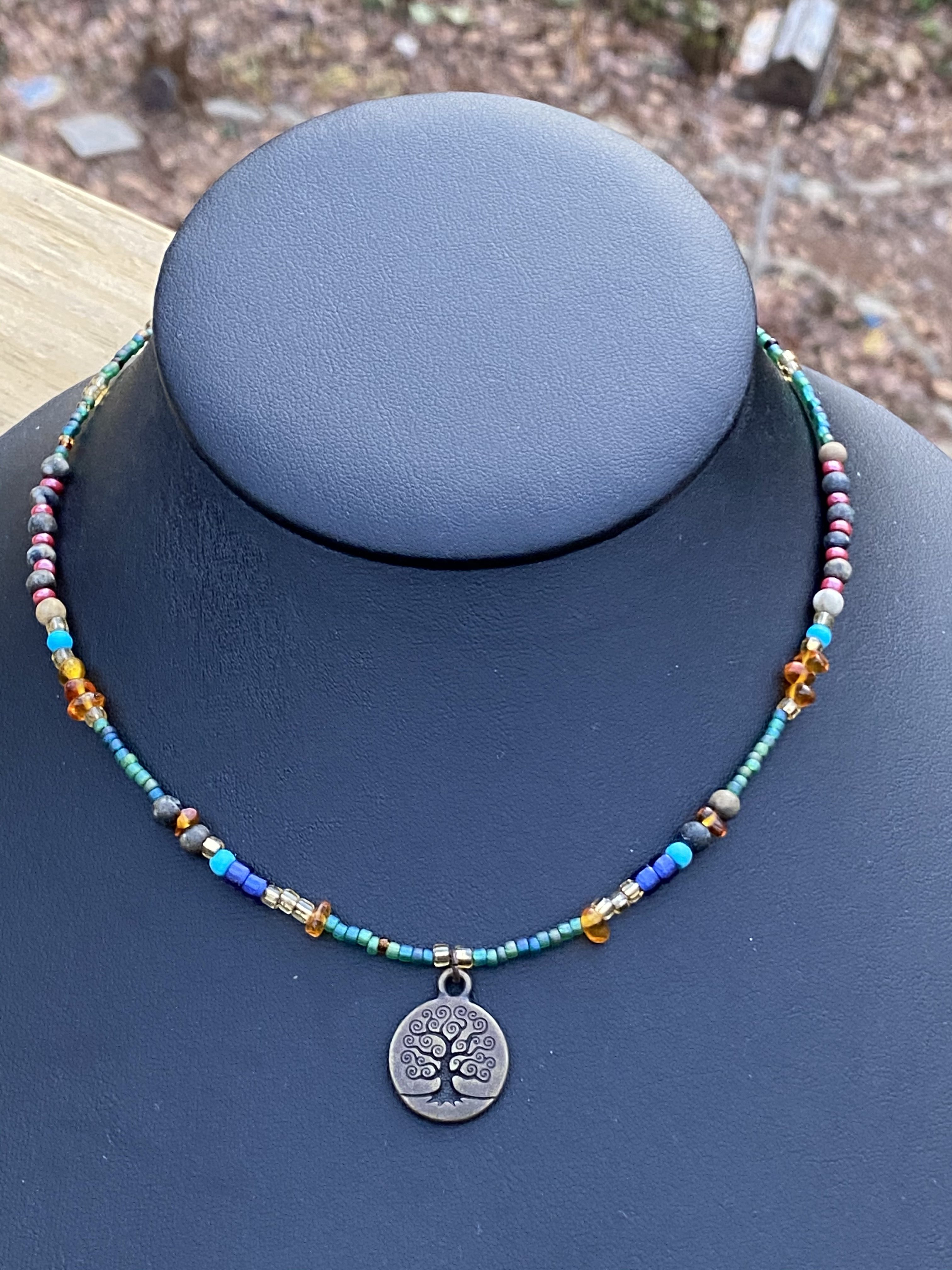 Necklace with Amber beads and Tree of Life Charm 16